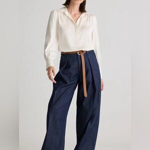 Quince Washable Silk Split Neck Cream Blouse Size Small Like New